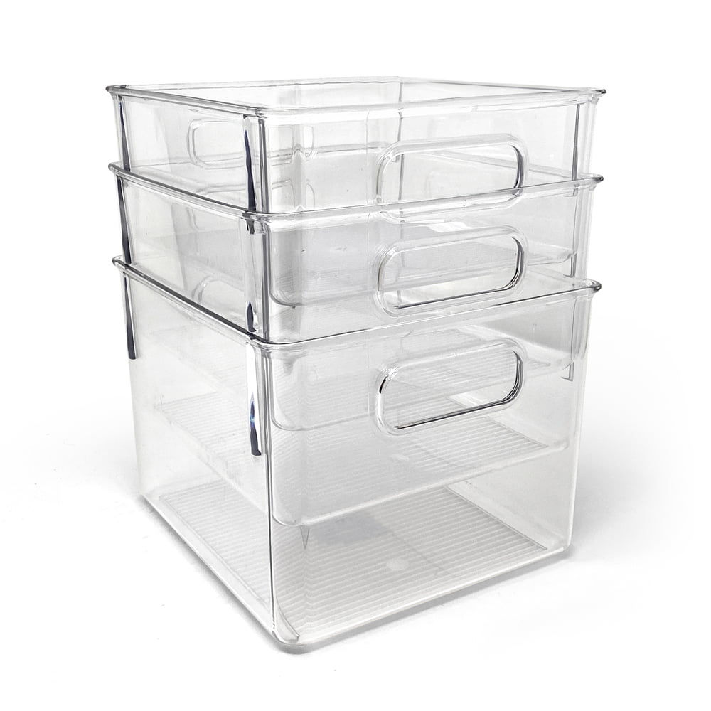 Isaac Jacobs 3-Pack Medium Clear Plastic Organizer Bins w/Handles, Food Safe, BPA Free