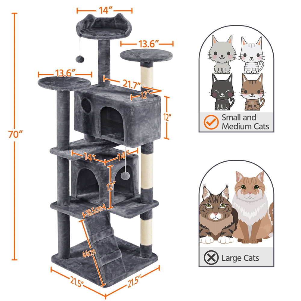 Topeakmart 70'' Multilevel Cat Tree Condo Cat Tower with 3 Scratching Posts， Dark Gray