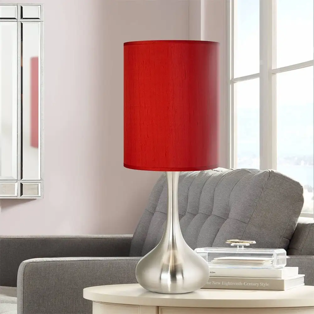 Modern Accent Table Lamp Brushed Steel Droplet China Red Shade - 9.5