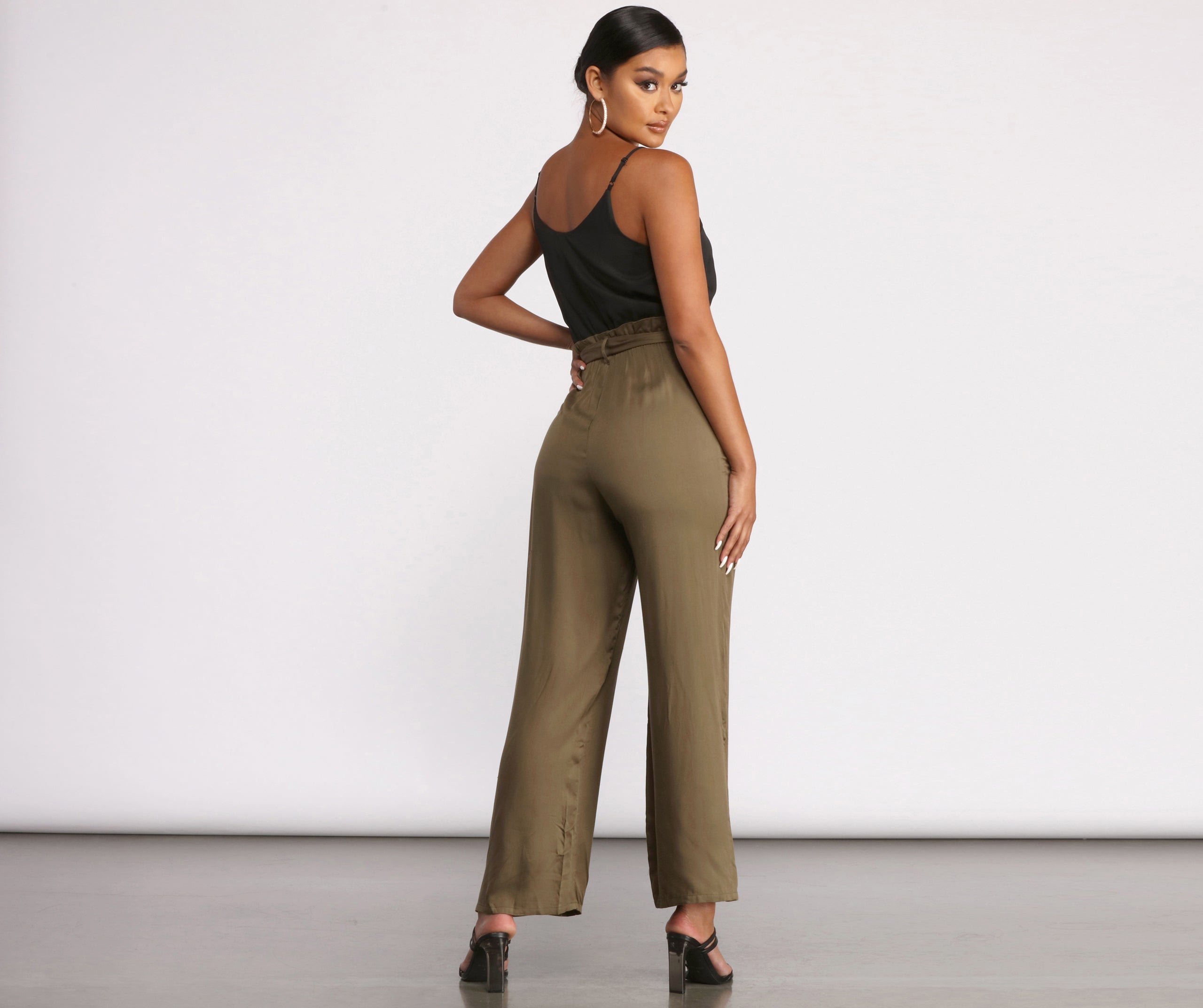 Two Tone Sleeveless V-Neck Paperbag Jumpsuit