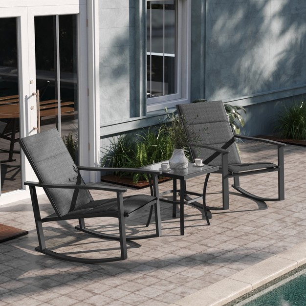 Emma And Oliver 3 Piece Outdoor Rocking Chair Patio Set With Flex Comfort Material And Metal Framed Glass Top Table