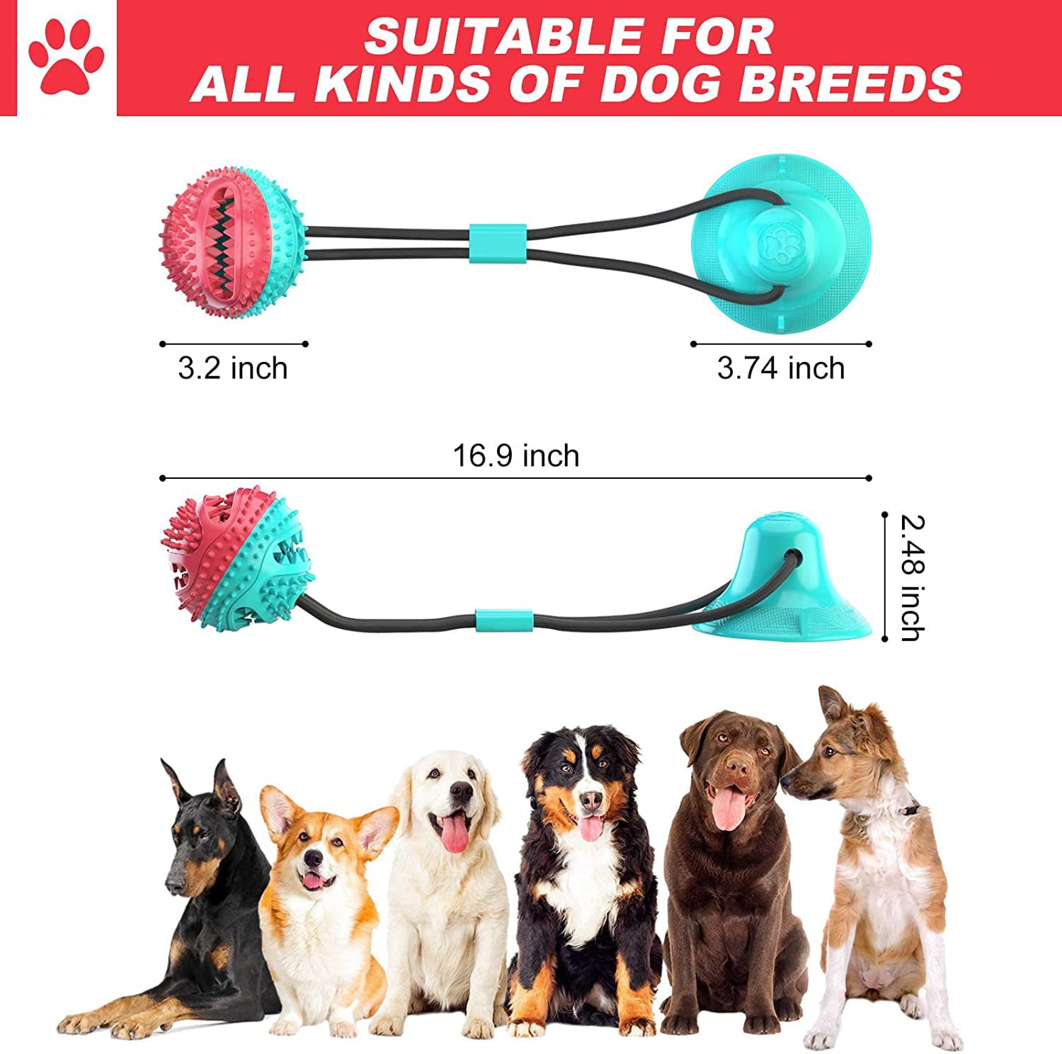 Dog Chew Suction Cup Tug of War Toy Multifunction Interactive Pet Aggressive Chewers Rope Puzzle Toothbrush Molar Bite Squeaky Toys Ball with Teeth Cleaning for Small Large Dogs