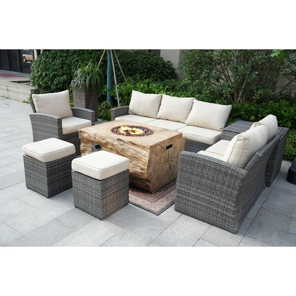 7piece Patio Wicker Garden Chat Sofa Set with Fire Pit and Storage Box