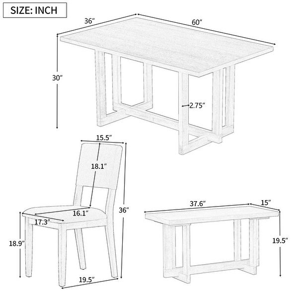 Wooden six-piece dining table H-shaped support design Dining table four chairs upholstered one wooden stool