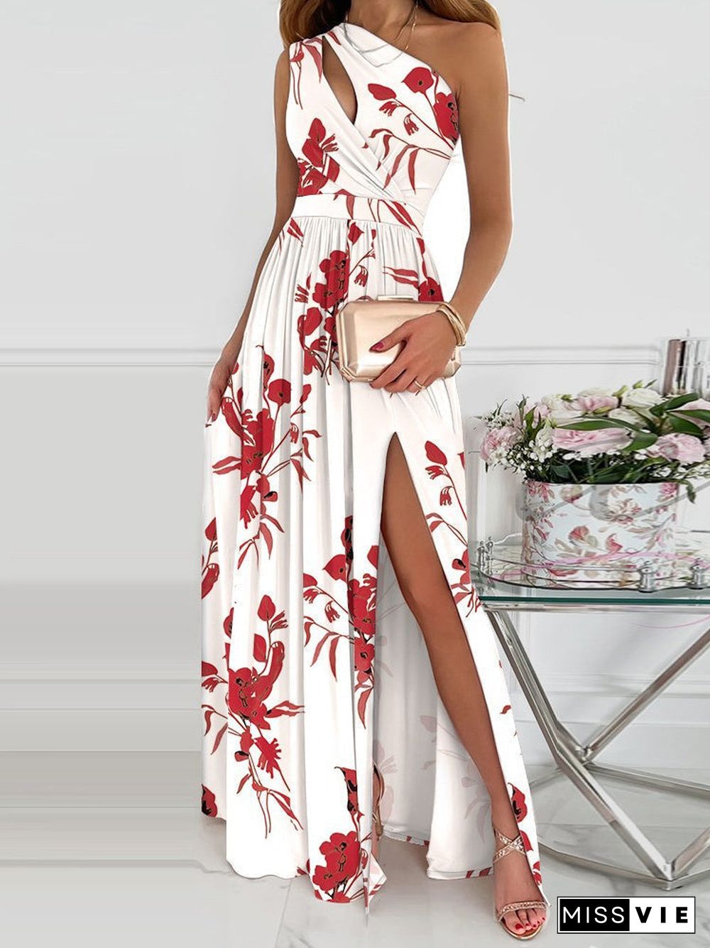 Romantic Red Flower Asymmetrical Keyhole Maxi Dress