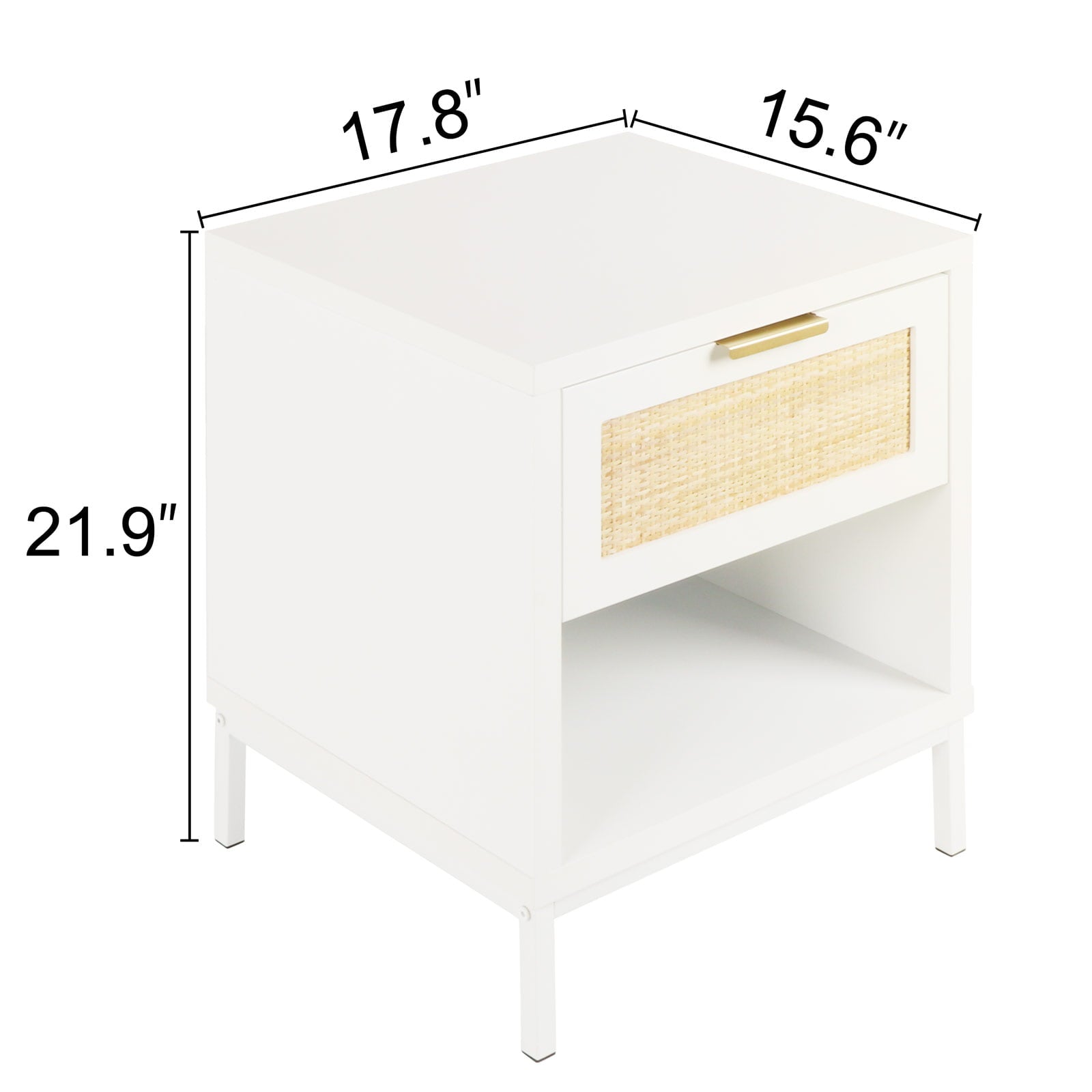 Modern Wood Nightstand with Natural Rattan Drawer, Mid-Century Side Table, White /Gold Bedside End Table Storage Drawer and Shelf for Bedroom Living Room,H0052