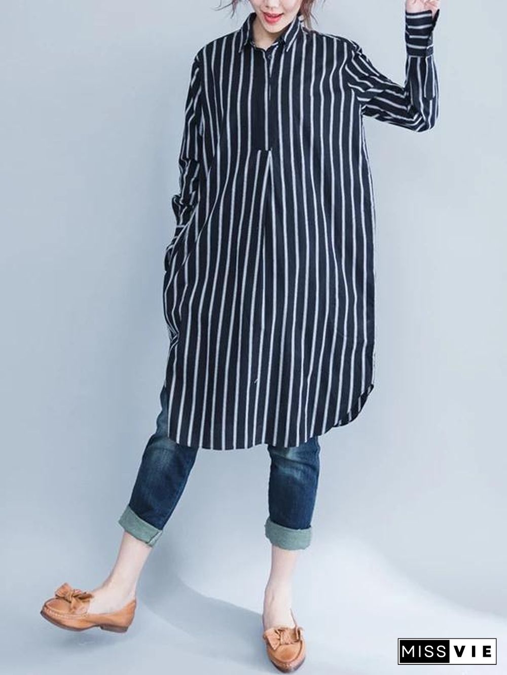 Italian black striped Cotton clothes lapel oversized shirt Dres