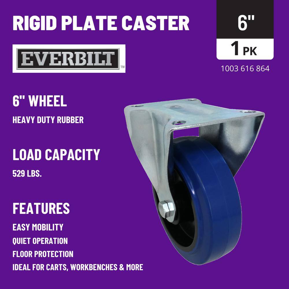 Everbilt 6 in. Blue Heavy-Duty Elastic Rubber and Steel Rigid Plate Caster with 529 lb. Load Rating 4054245EV