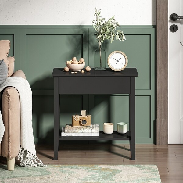 Black Heritage Flip Top Side Table with Storage Shelf