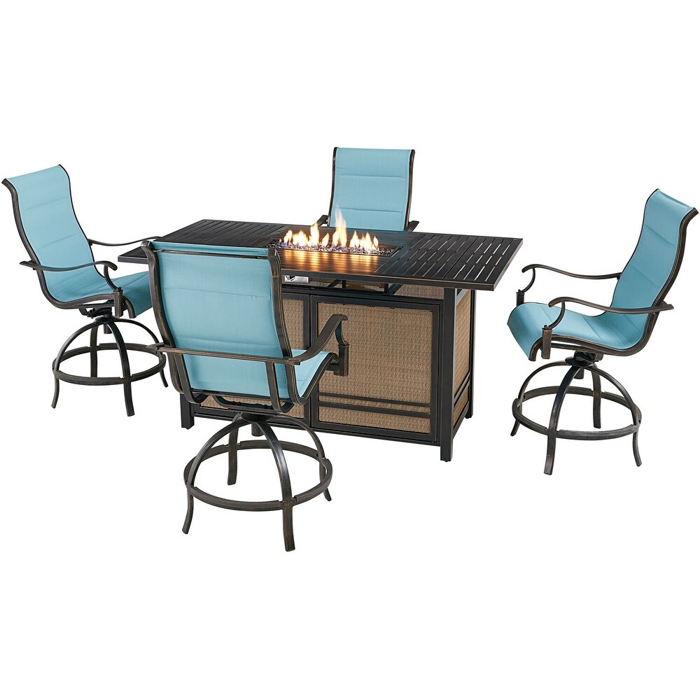 Hanover Traditions 5 Piece High Dining Set in Blue with 4 Padded Counter Height Swivel Chairs and a 30 000 BTU Fire Pit Table