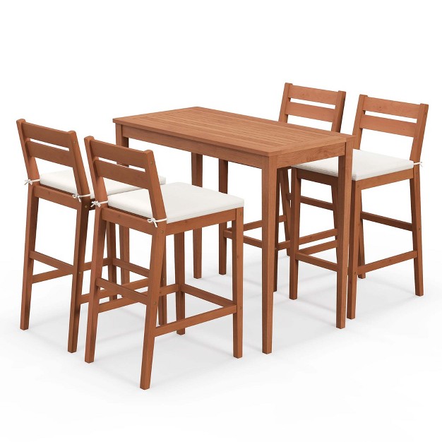 Costway 5 Pcs Patio Eucalyptus Wood Bar Set Bar Height Dining Table amp 4 Cushioned Chairs