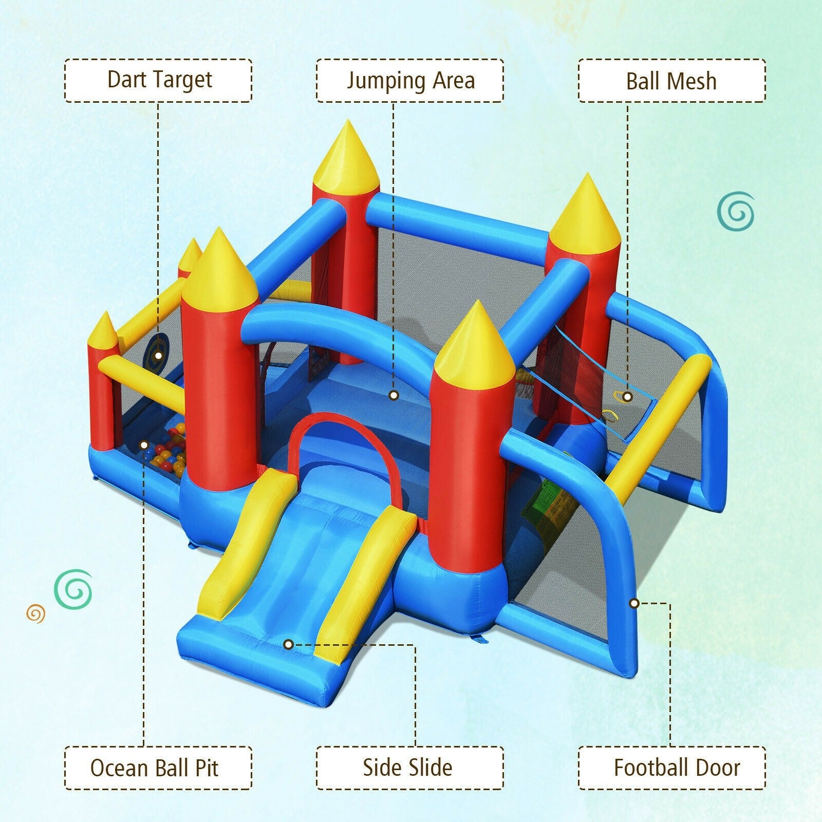 BOUNTECH Inflatable Bounce House, 6 in 1 Jump 'n Slide Bouncer w/ Large Jumping Area (Without Blower)