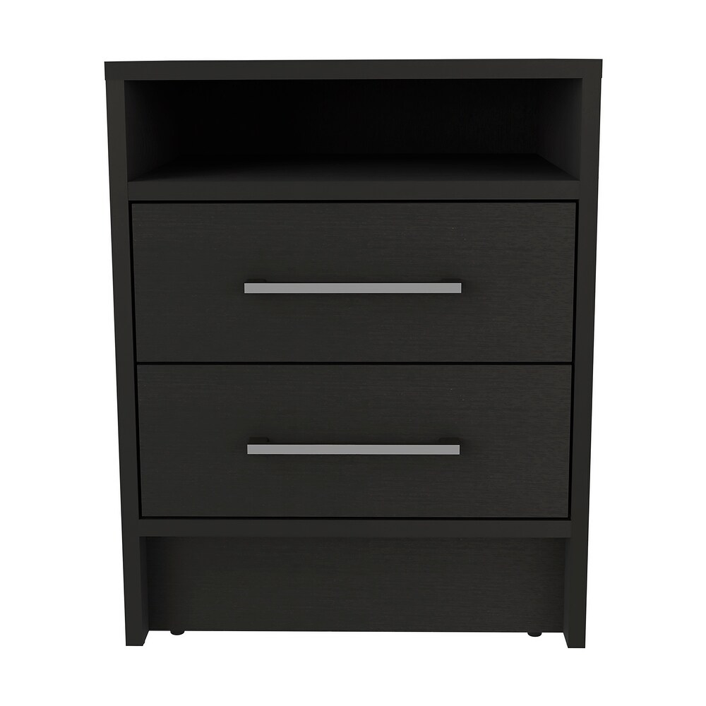 Wooden Nightstand with Two Drawers and Metal Handles