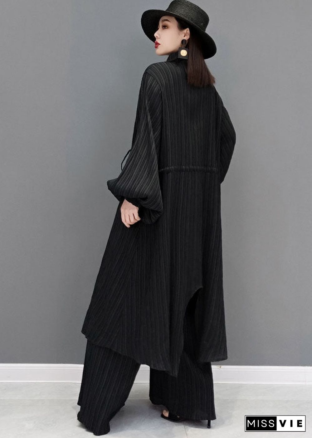 Style Black Drawstring Asymmetrical Cotton Long Shirt And Wide Leg Pants Two Pieces Set Spring