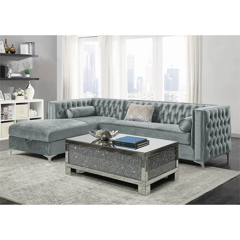 Coaster Bellaire Velvet Tufted Left Facing Storage Sectional in Silver   Midcentury   Sectional Sofas   by Homesquare  Houzz