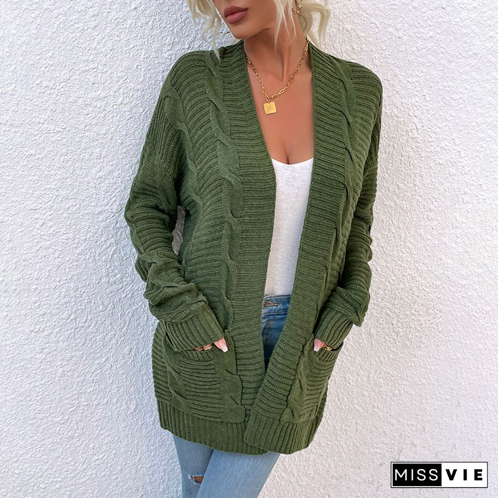 Elegant Knitted Sweater Coat Women Cardigans Autumn2022 New Winter Twist Midi Pocket Knitted Cardigan Female Sweater Jacket Full