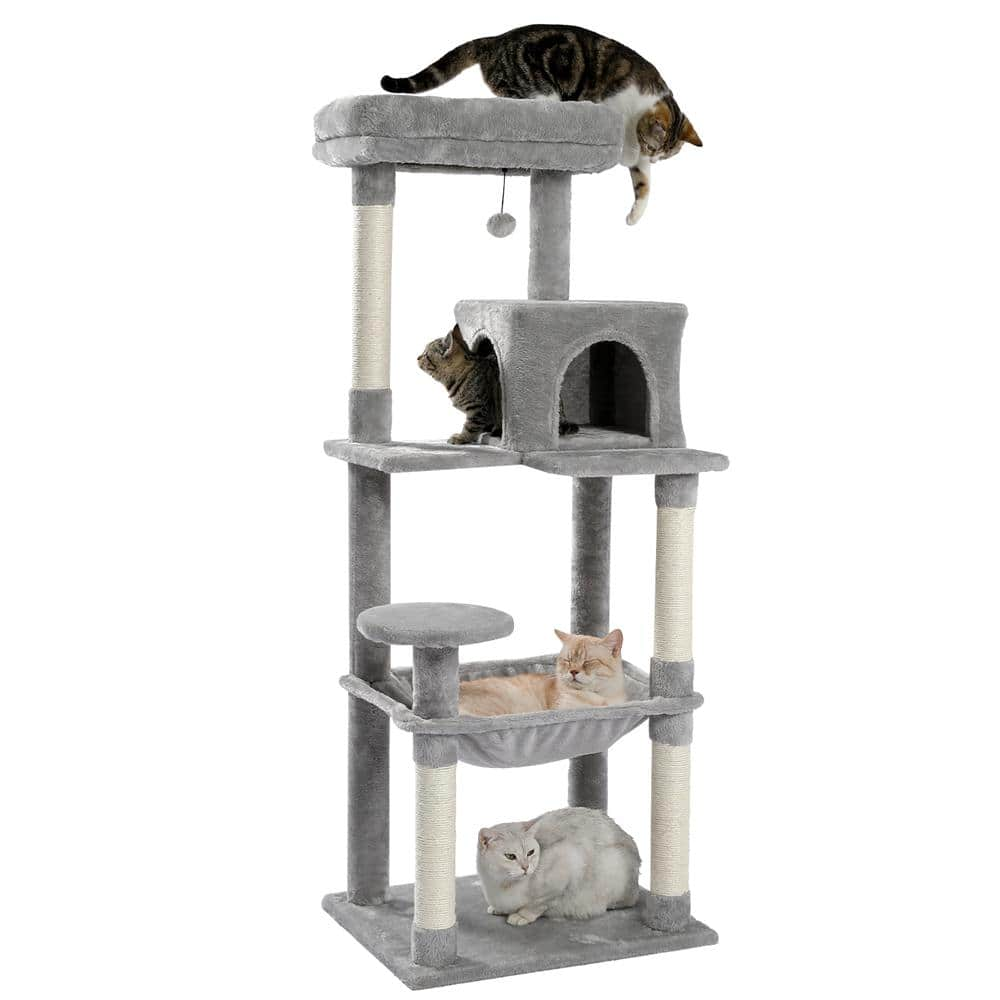 Foobrues 56.30 in. H Pet Cat Scratching Posts and Trees with Cozy Condo and Super Large Hammock in Gray LNN-P23168311