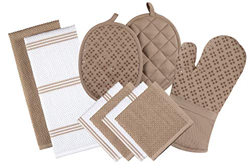 Sticky Toffee Silicone Printed Oven Mitt and Pot Holder， Cotton Terry Kitchen Dish Towel and Dishcloth， Tan， 9 Piece Set