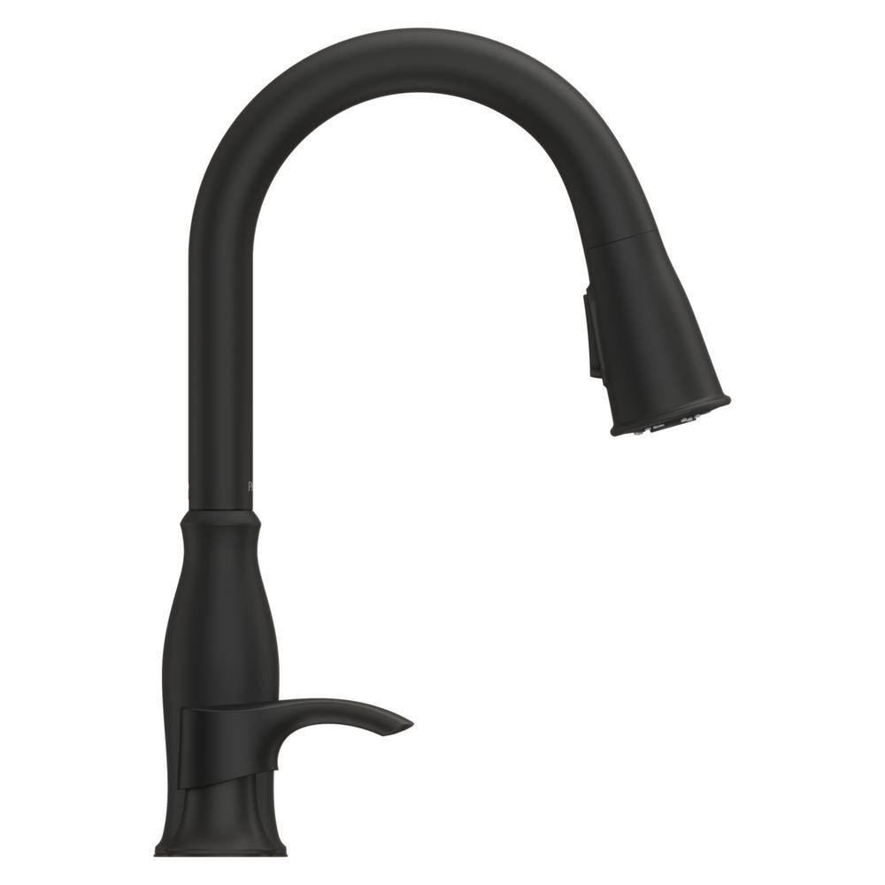 Pfister Rosslyn Single Handle Pull Down Sprayer Kitchen Faucet with Deckplate Included in Matte Black F-529-7RSSRB