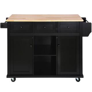 Zeus  Ruta Black Rubber wood 53.1 in. Kitchen Island Drop-Leaf Countertop Cabinet Internal Storage Racks Kitchen Island on 5 Wheels K-16HEGHVDGS