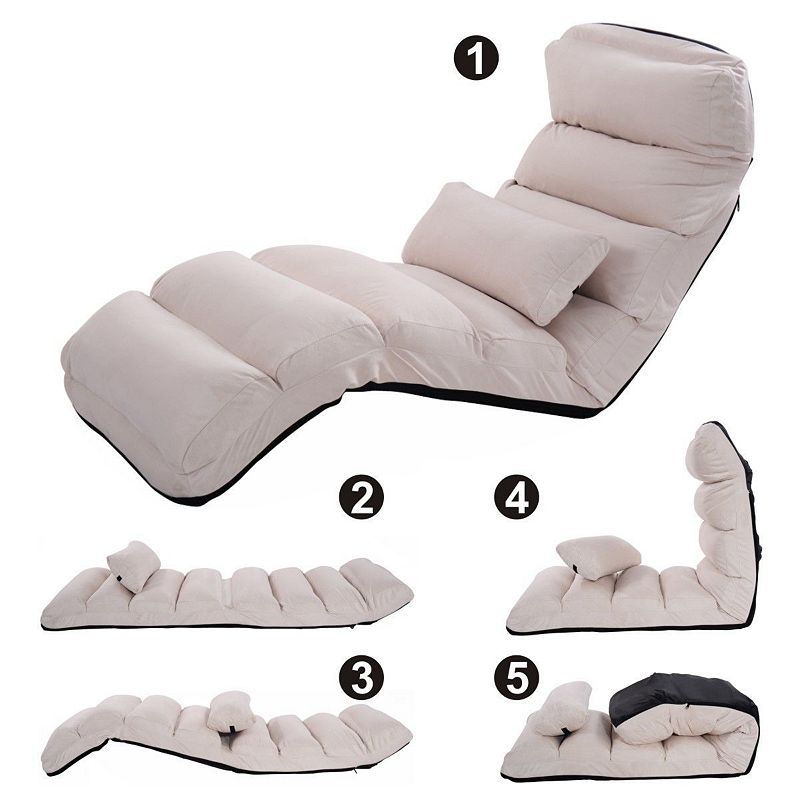 Folding Lazy Sofa Chair Stylish Sofa Couch Beds Lounge Chair With Pillow- Beige