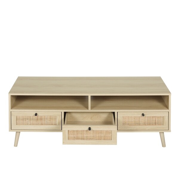 JASIWAY Modern TV Stand with Rattan Door， Natural