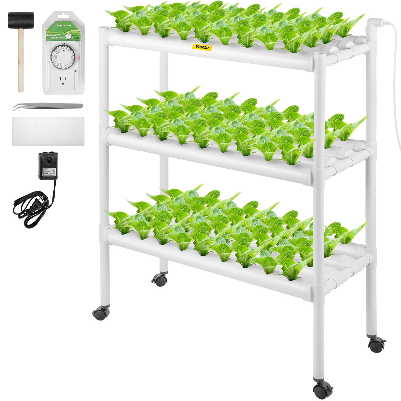 VEVOR Hydroponic Site Grow Kit 3 Layer 108 Plant Sites， 12 PVC Pipes Hydroponic Indoor Plant Growing System， Food-Grade Pipe Plant Grow Kit with Water Pump and Timer