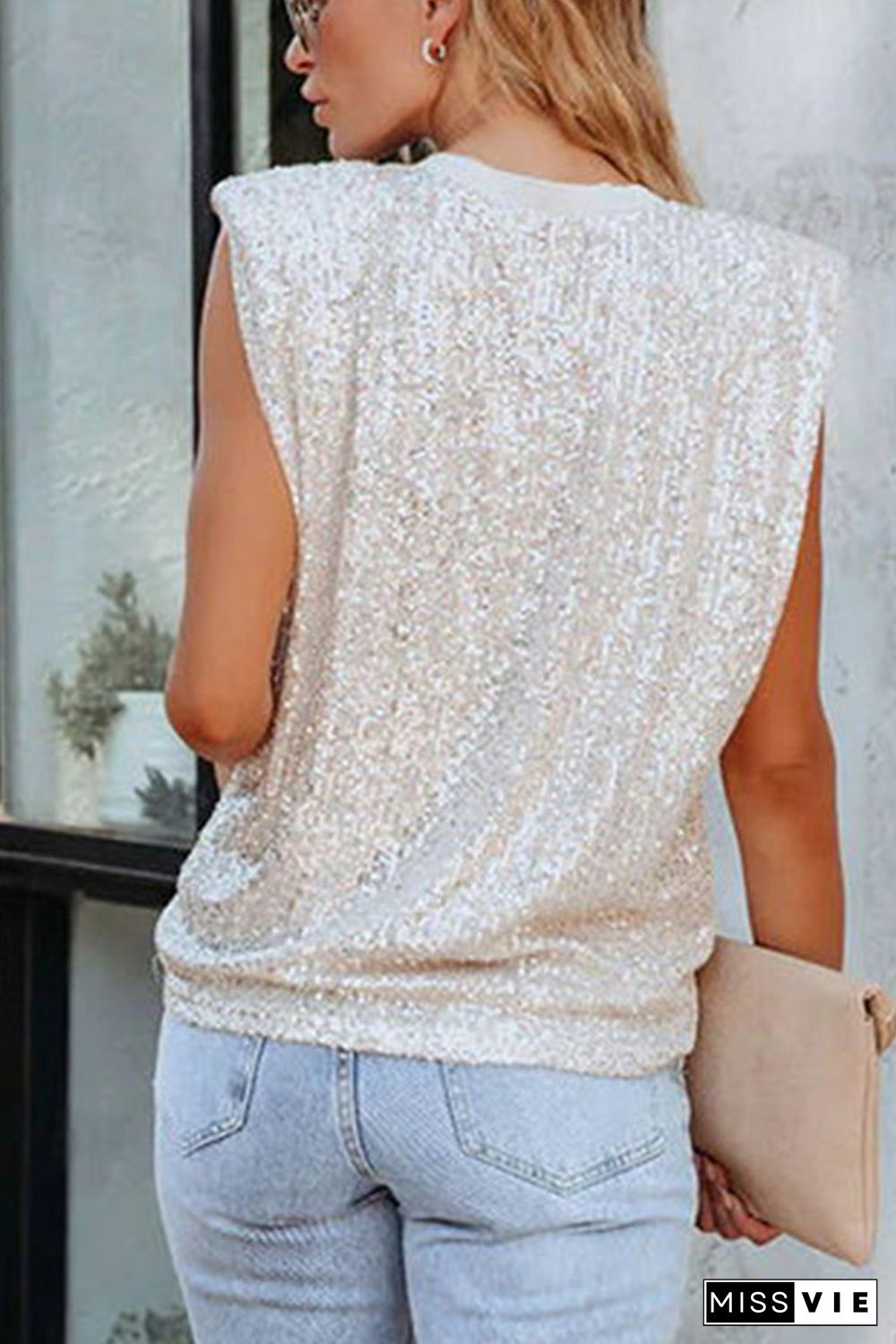 Apricot Sequin Round Neck Tank Top