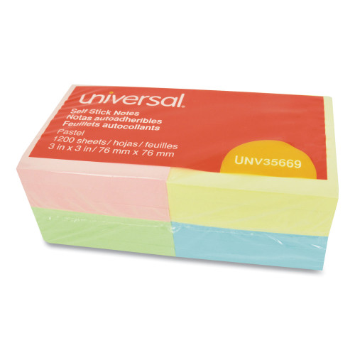 Universal Self-Stick Note Pads， 3 x 3， Assorted Pastel Colors， 100-Sheet， 12/Pack (35669)