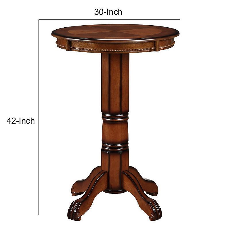 Ava 42 Inch Wood Pub Bar Table， Sunburst Design， Carved Pedestal， Brown