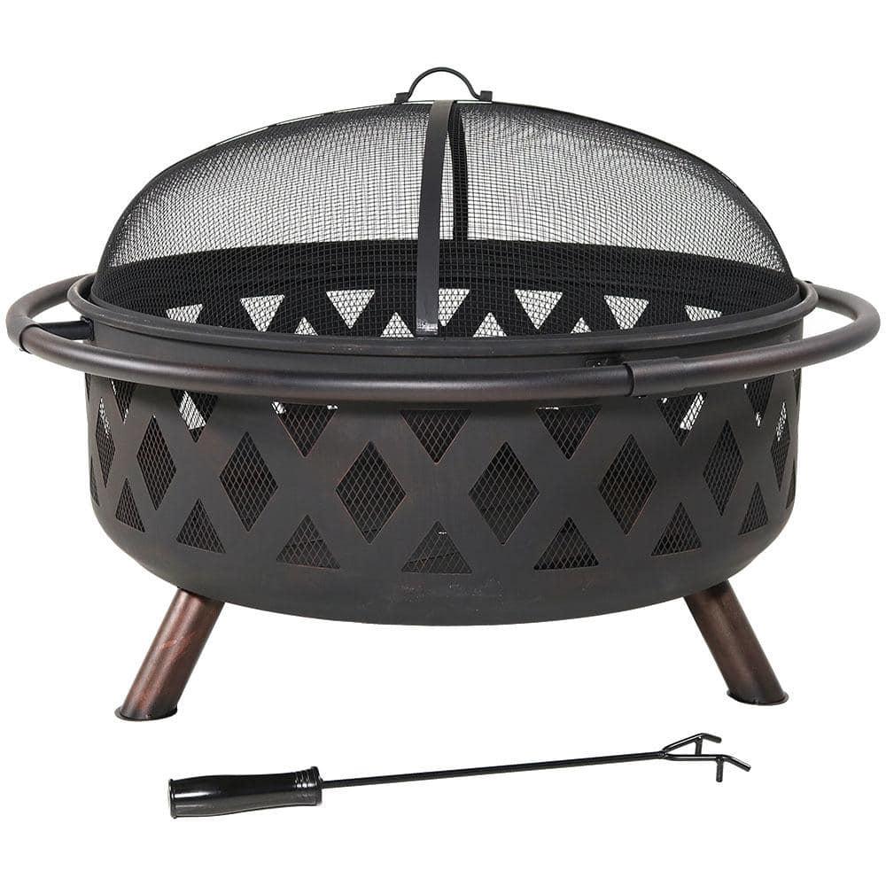 Sunnydaze Decor Black Cross Weave 36 in x 24 in Round Steel Wood Burning Fire Pit with Spark Screen