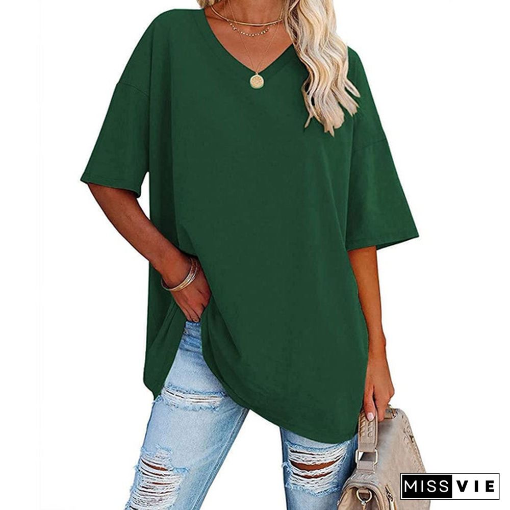 XS-8XL Spring Summer Tops Plus Size Fashion Clothes Women's Casual Short Sleeve Tee Shirts Ladies O-neck Blouses Solid Color Oversized Pullover Tops Half Sleeve Loose T-shirt Beach Wear Cotton T-shirt