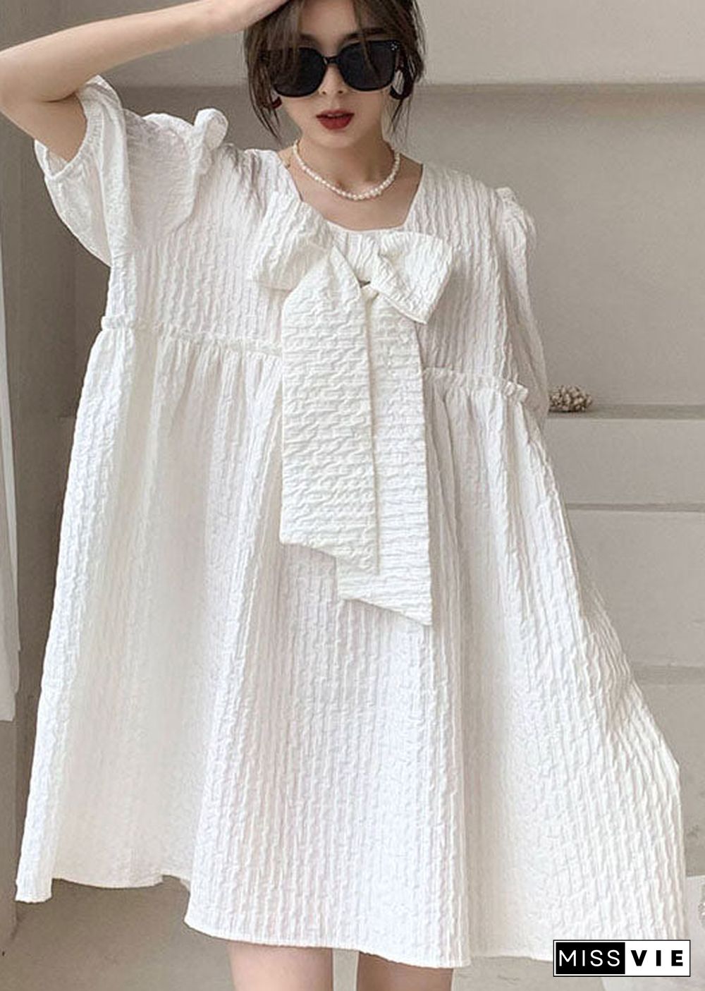 Plus Size White Ruffled Bow Patchwork Cotton Vacation Dress Spring