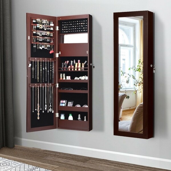 Lockable Wall Door Mounted Mirror Jewelry Cabinet with LED Lights - 14.5