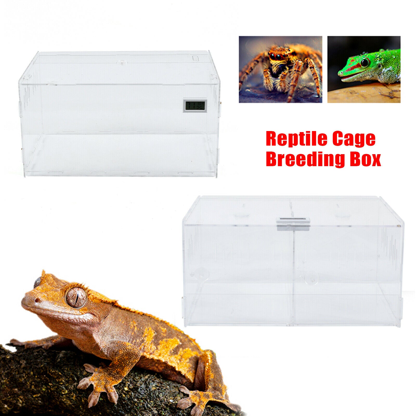 Fichiouy Reptile Breeding Box Acrylic Reptile Terrarium Climbing Pet Box with Thermometer Clear