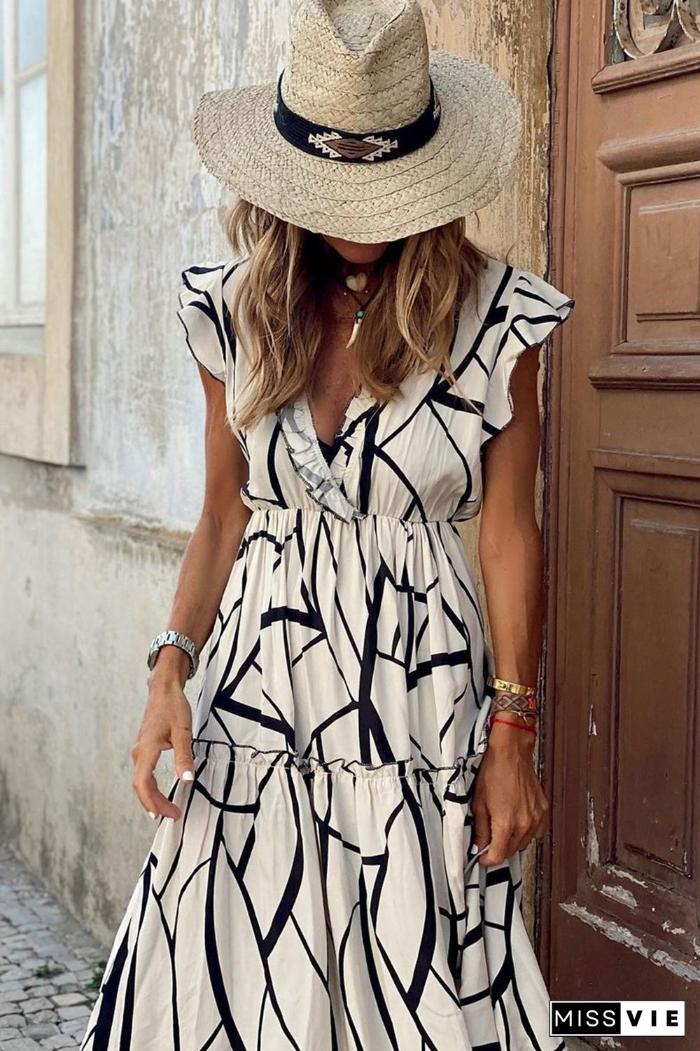 White Abstract Vein Print V Neck Ruffle Maxi Dress