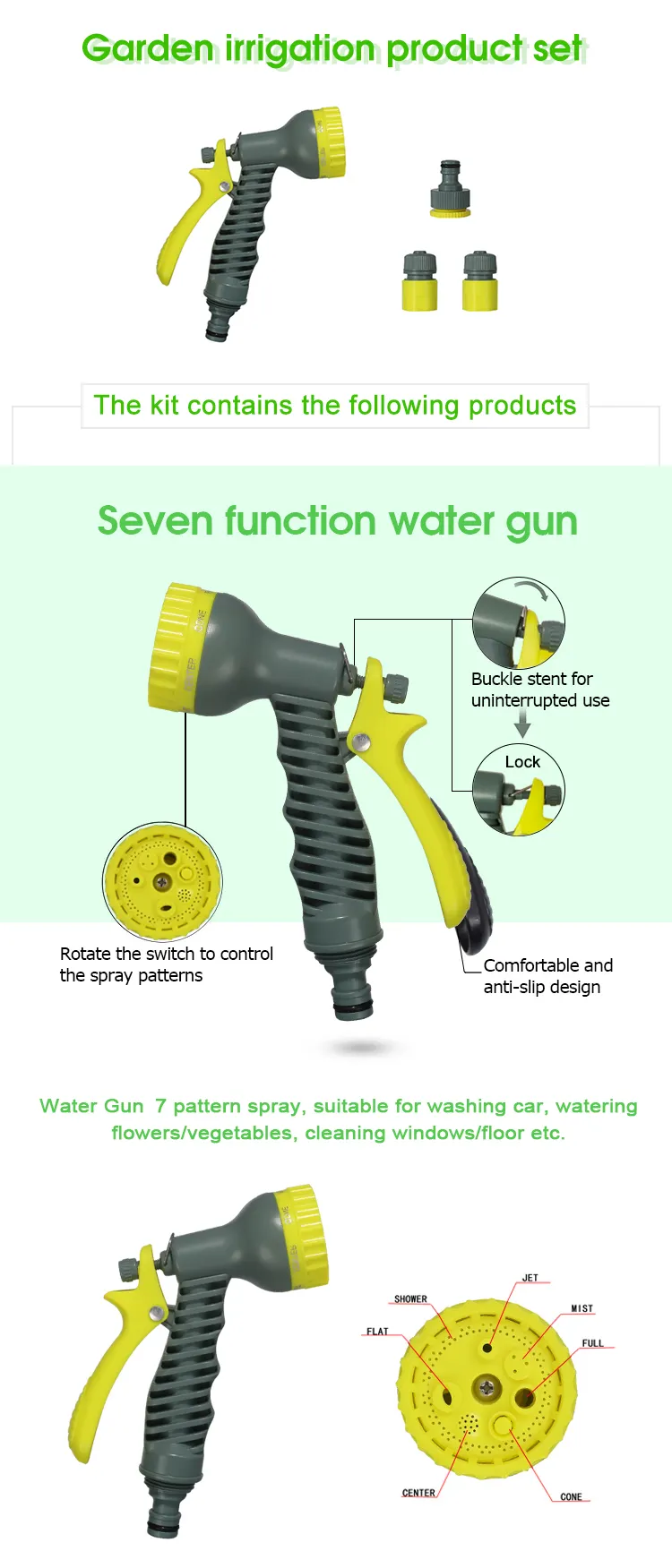 Hot Sale Expandable Garden Hose Spray Gun Plastic 7 Function Spray Modes Garden Hose Nozzle Water Gun Set Factory supply of good