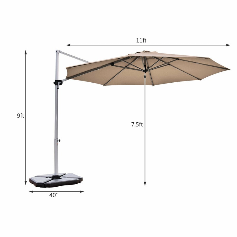 11 FT Patio Offset Cantilever Umbrella 360° Rotation Tilt with Cross Base & Crank Handle