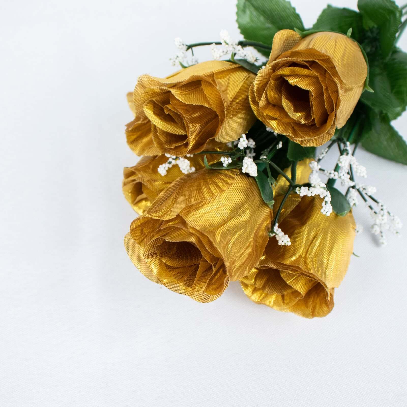 12 Bushes Gold Artificial Premium Silk Flower Rose Bud Bouquets