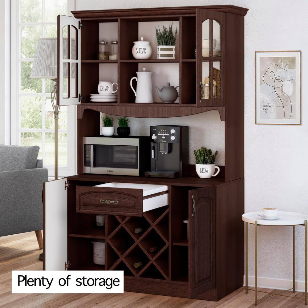 LIVING SKOG Galiano 73 in. Espresso Pantry Buffet with Hutch with Wine Rack and Drawer BJJESP