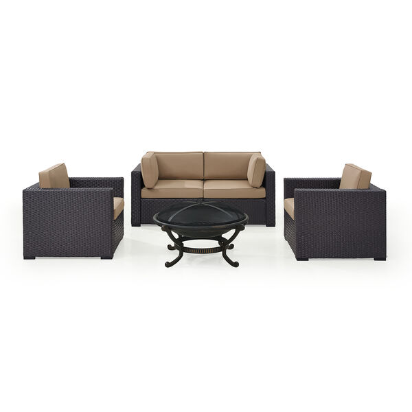 Biscayne 4 Person Outdoor Wicker Seating Set in Mocha - Two Armchairs， Two Corner Chair， Ashland Firepit