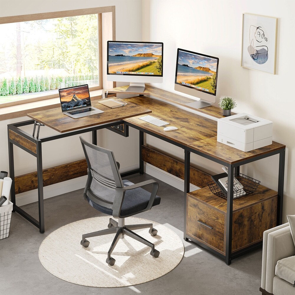 Moasis L Shaped Wood Computer Desk with File Drawer for Home Office