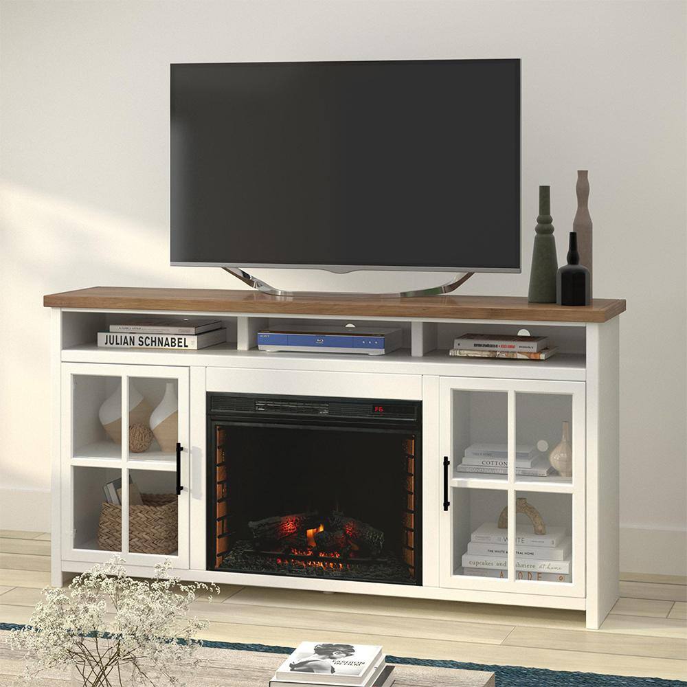 Bridgevine Home 74 in. Fully Assembled White and Brown TV Stand with Electric Fireplace Fits TV's up to 85 in. HT5110.BJW