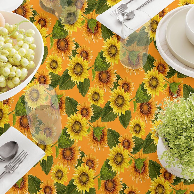 Rectangular Tablecloth， 100% Cotton， 52x104， Sunflowers on Orange Background