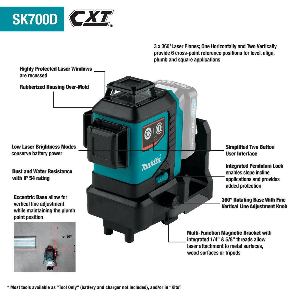 Makita 12V max CXT Lithium-Ion Cordless Self-Leveling 360-Degree 3-Plane Green Laser Level (Tool Only) SK700GD