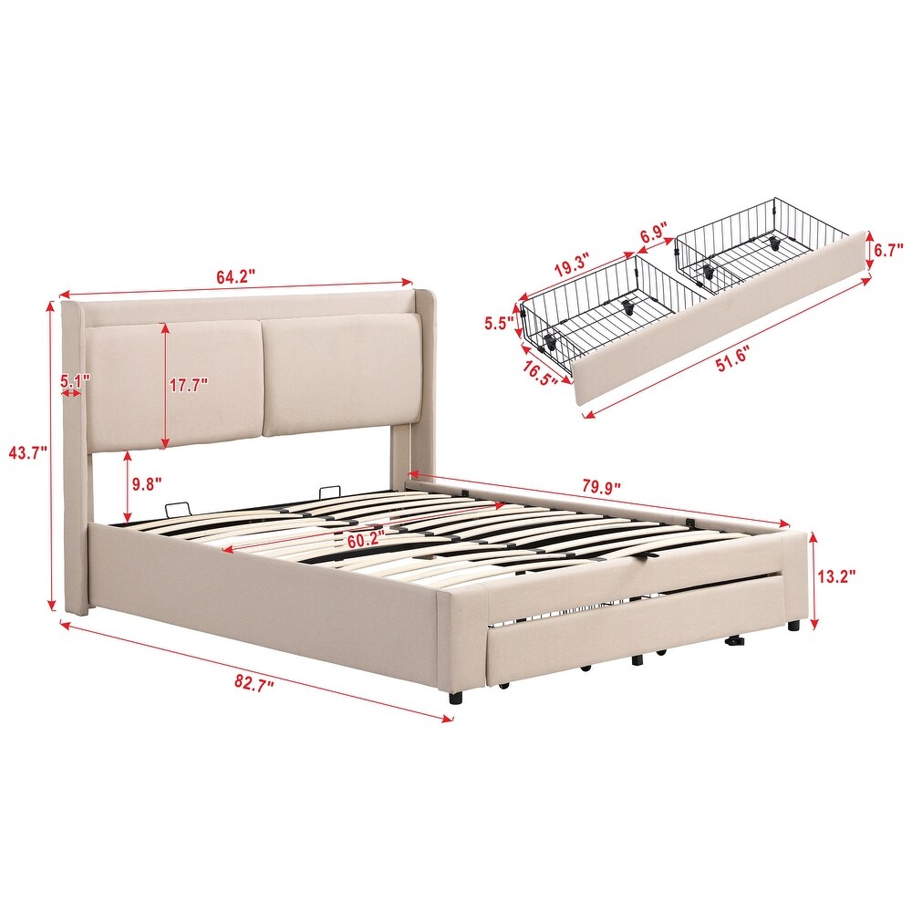 Queen Size Lift Storage Bed Platform Bed with 2 Drawers  Queen Size Bed Frame with Hydraulic Storage System