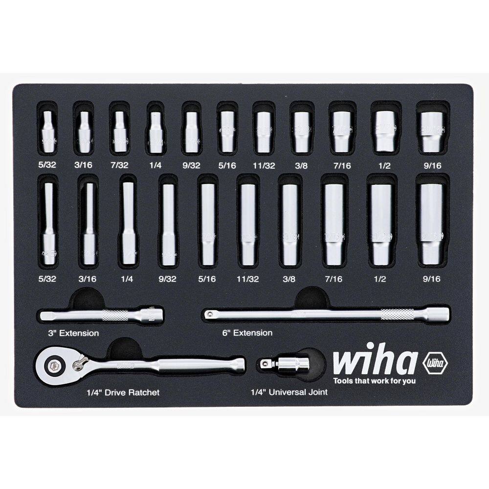 Wiha 14 in. Deep Socket Tray Set - SAE (25-Piece) Drive Professional Standard 33396