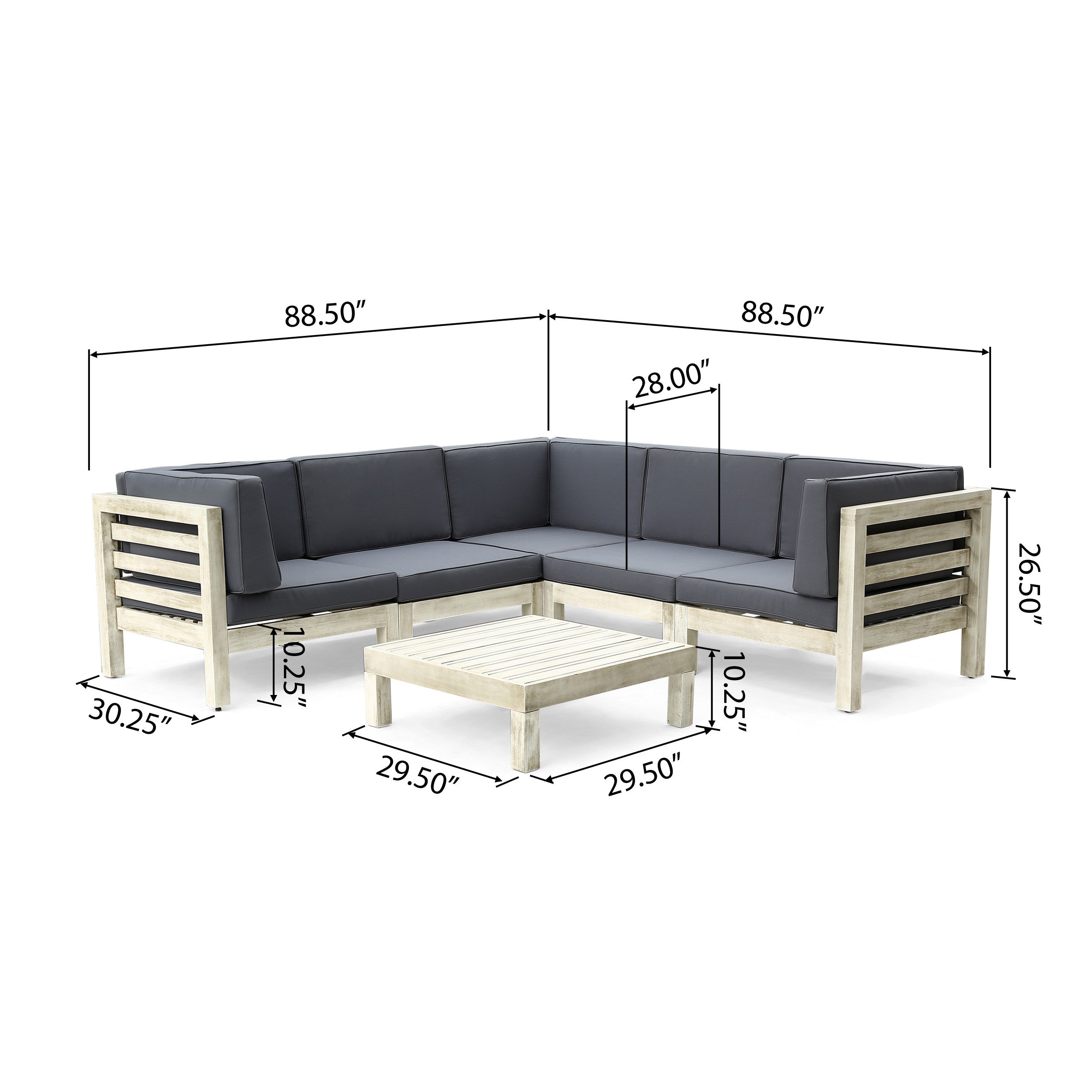 Dawson Outdoor V-Shaped Sectional Sofa Set with Coffee Table - 6-Piece 5-Seater - Acacia Wood - Outdoor Cushions - Weathered Gray and Dark Gray