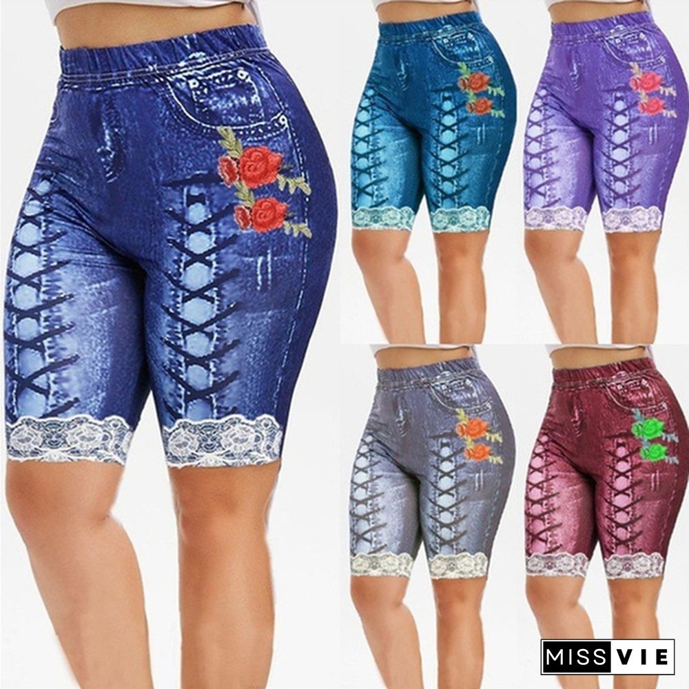 3D Lace Up Floal Print Faux Faux Denim Shorts Casaul Slim Fit Capri Shorts Leggings for Women Plus Size