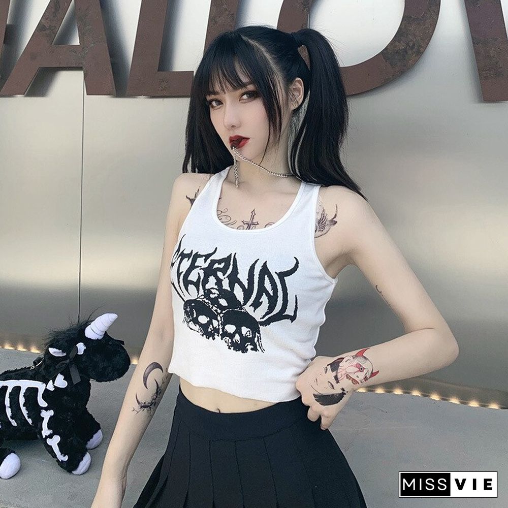 Sexy Punk Goth Crop Tops Women’s Summer Skull Print Vest Top Black White Fashion Round Neck Sleeveless Slim Tank Top Mujer